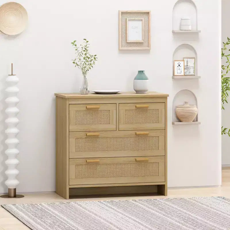 JVNOXK Armoire de rangement moderne en rotin de 80 cm avec 4 tiroirs profonds, parfaite pour les chambres, salles à manger et couloirs. Montage facile