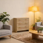 JVNOXK Armoire de rangement moderne en rotin de 80 cm avec 4 tiroirs profonds, parfaite pour les chambres, salles à manger et couloirs. Montage facile