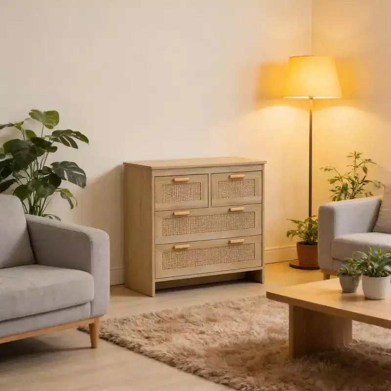 JVNOXK Armoire de rangement moderne en rotin de 80 cm avec 4 tiroirs profonds, parfaite pour les chambres, salles à manger et couloirs. Montage facile