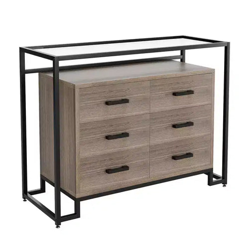 6 Drawers Dresser, Wooden Drawer Chest with Tempered Glass Top and Steel Frame TV Stand, Multi-Purpose Large Storage Cabinet for Living Room Bedroom