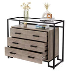 Commode à 6 tiroirs, commode en bois avec plateau en verre trempé et meuble TV à cadre en acier, grand meuble de rangement polyvalent pour salon et chambre à coucher