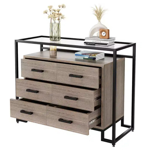 Commode à 6 tiroirs, commode en bois avec plateau en verre trempé et meuble TV à cadre en acier, grand meuble de rangement polyvalent pour salon et chambre à coucher