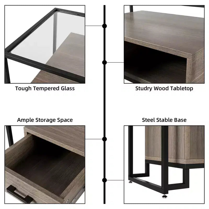 Commode à 6 tiroirs, commode en bois avec plateau en verre trempé et meuble TV à cadre en acier, grand meuble de rangement polyvalent pour salon et chambre à coucher