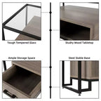 Commode à 6 tiroirs, commode en bois avec plateau en verre trempé et meuble TV à cadre en acier, grand meuble de rangement polyvalent pour salon et chambre à coucher