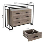 Commode à 6 tiroirs, commode en bois avec plateau en verre trempé et meuble TV à cadre en acier, grand meuble de rangement polyvalent pour salon et chambre à coucher