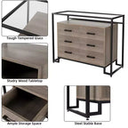 Commode à 6 tiroirs, commode en bois avec plateau en verre trempé et meuble TV à cadre en acier, grand meuble de rangement polyvalent pour salon et chambre à coucher