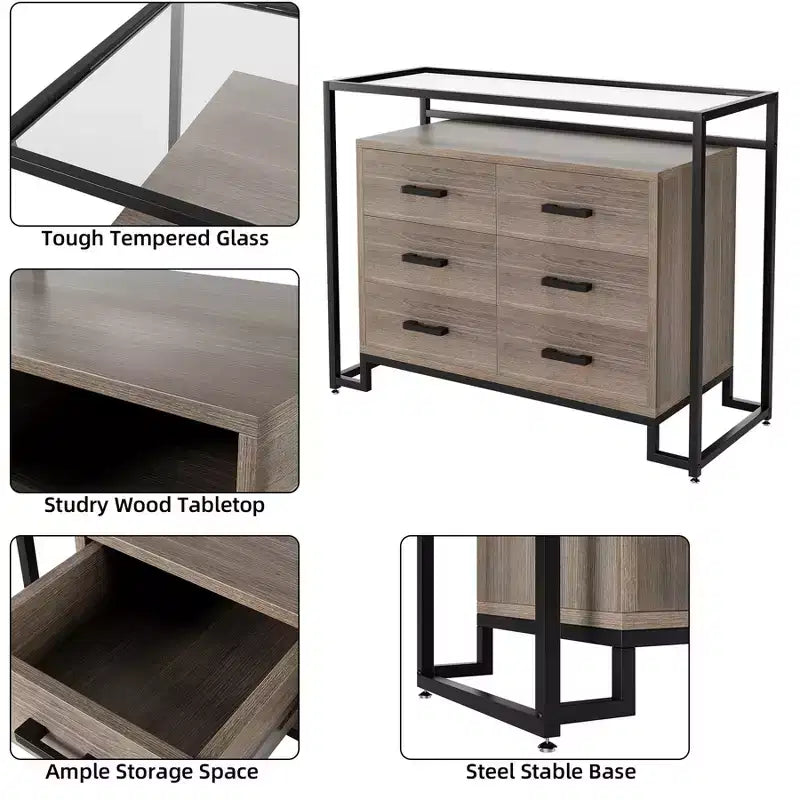 Commode à 6 tiroirs, commode en bois avec plateau en verre trempé et meuble TV à cadre en acier, grand meuble de rangement polyvalent pour salon et chambre à coucher