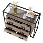 Commode à 6 tiroirs, commode en bois avec plateau en verre trempé et meuble TV à cadre en acier, grand meuble de rangement polyvalent pour salon et chambre à coucher