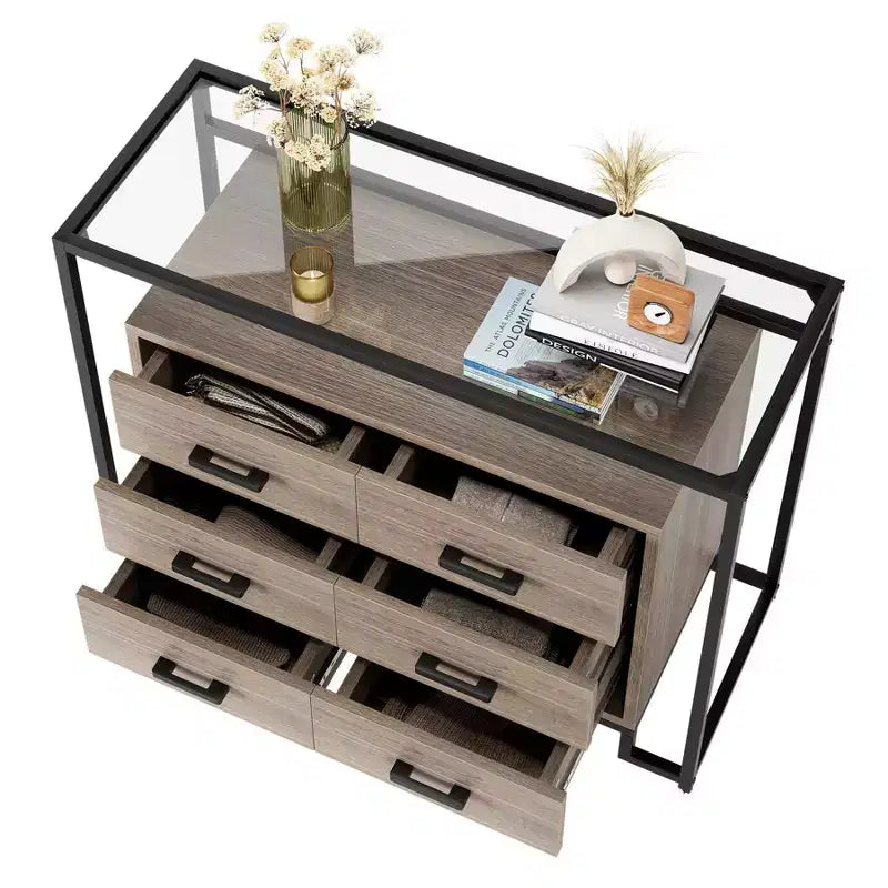 Commode à 6 tiroirs, commode en bois avec plateau en verre trempé et meuble TV à cadre en acier, grand meuble de rangement polyvalent pour salon et chambre à coucher