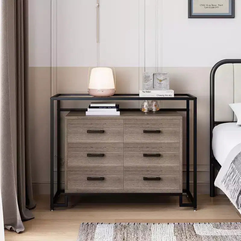 Commode à 6 tiroirs, commode en bois avec plateau en verre trempé et meuble TV à cadre en acier, grand meuble de rangement polyvalent pour salon et chambre à coucher