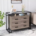 Commode à 6 tiroirs, commode en bois avec plateau en verre trempé et meuble TV à cadre en acier, grand meuble de rangement polyvalent pour salon et chambre à coucher