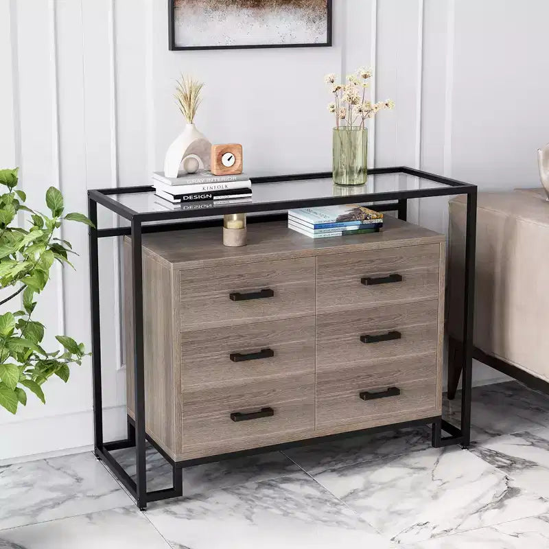 Commode à 6 tiroirs, commode en bois avec plateau en verre trempé et meuble TV à cadre en acier, grand meuble de rangement polyvalent pour salon et chambre à coucher