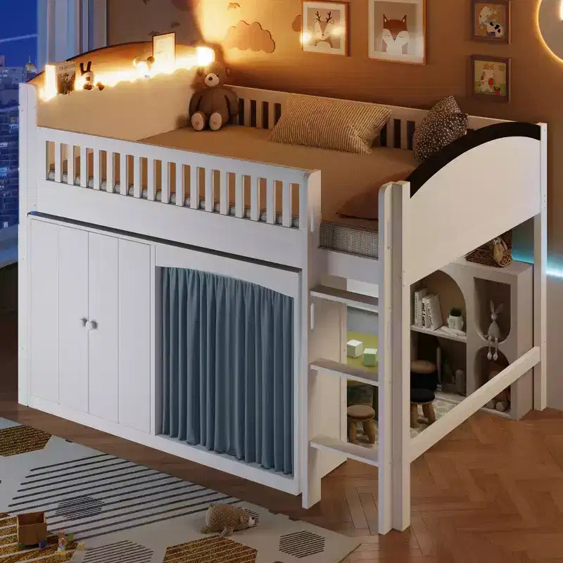 Lit mezzanine double/grand pour enfants avec armoire de rangement, armoire avec rideau et éclairage LED - ModernLuxe