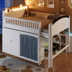 Lit mezzanine double/grand pour enfants avec armoire de rangement, armoire avec rideau et éclairage LED - ModernLuxe