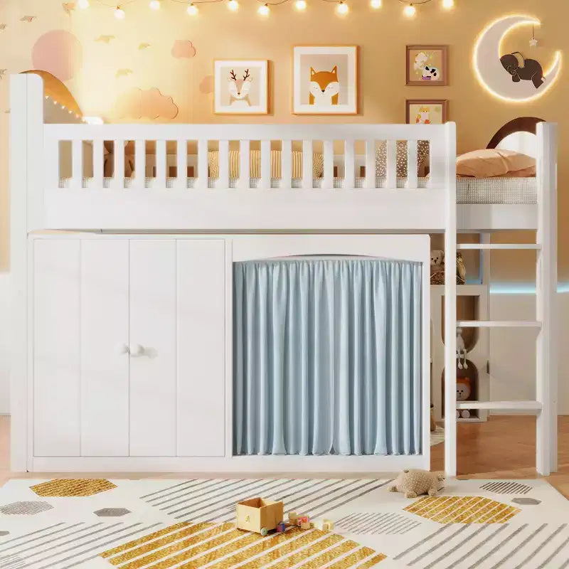 Lit mezzanine double/grand pour enfants avec armoire de rangement, armoire avec rideau et éclairage LED - ModernLuxe