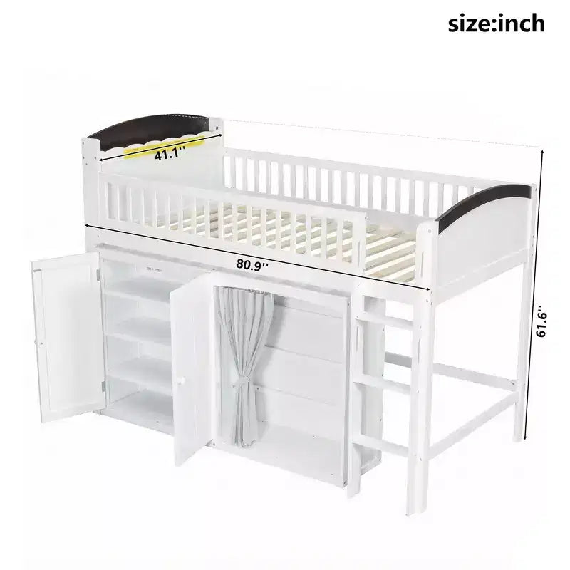 Lit mezzanine double/grand pour enfants avec armoire de rangement, armoire avec rideau et éclairage LED - ModernLuxe