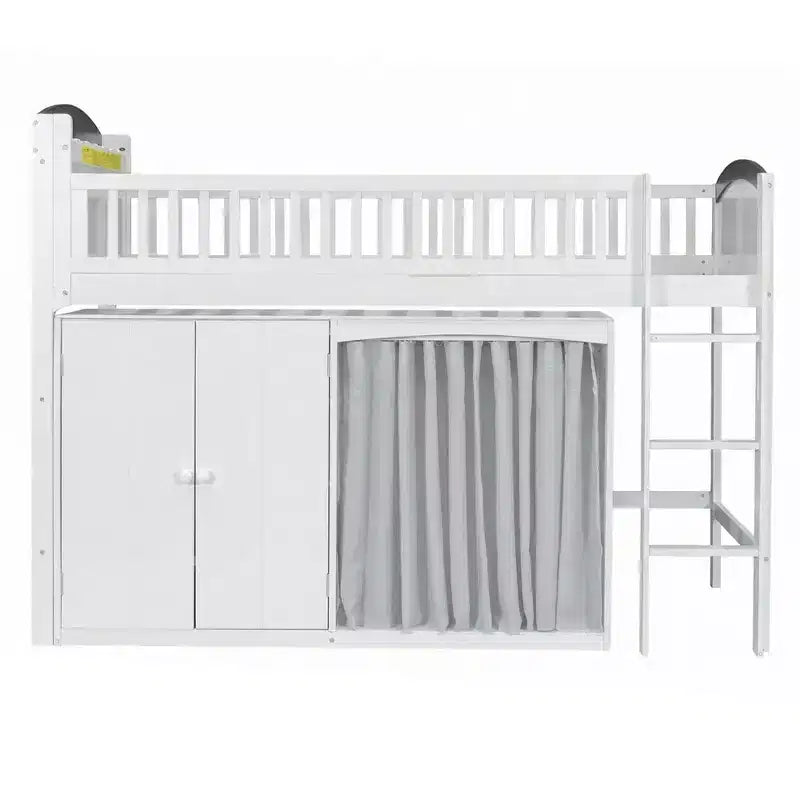 Lit mezzanine double/grand pour enfants avec armoire de rangement, armoire avec rideau et éclairage LED - ModernLuxe