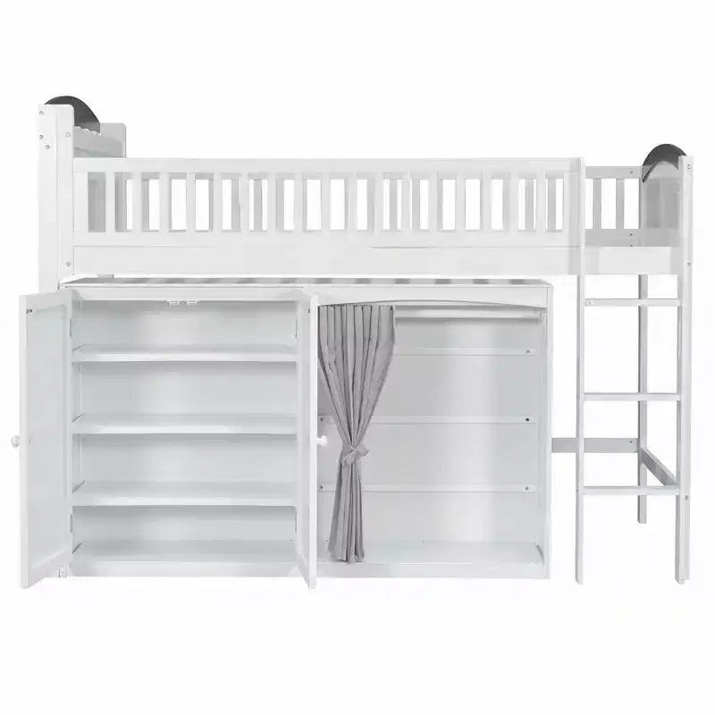 Lit mezzanine double/grand pour enfants avec armoire de rangement, armoire avec rideau et éclairage LED - ModernLuxe