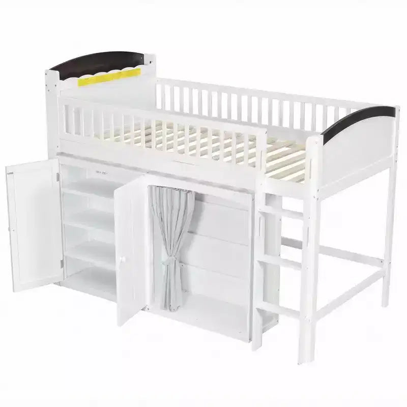 Lit mezzanine double/grand pour enfants avec armoire de rangement, armoire avec rideau et éclairage LED - ModernLuxe