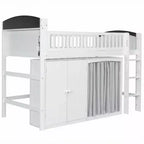 Lit mezzanine double/grand pour enfants avec armoire de rangement, armoire avec rideau et éclairage LED - ModernLuxe