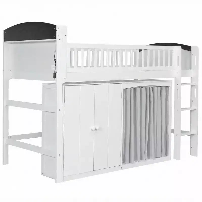 Lit mezzanine double/grand pour enfants avec armoire de rangement, armoire avec rideau et éclairage LED - ModernLuxe