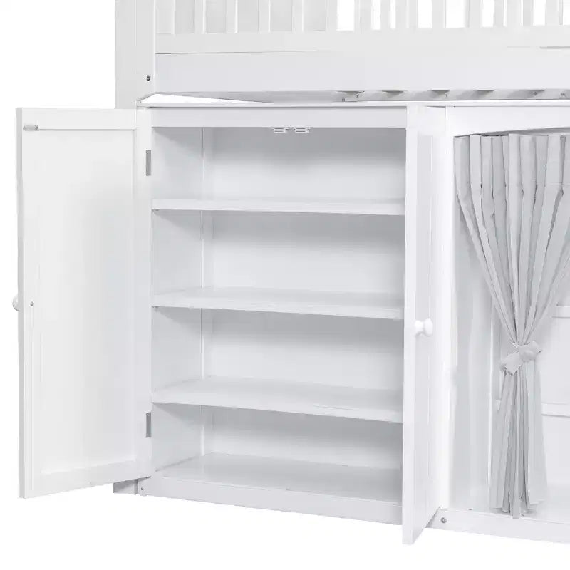Lit mezzanine double/grand pour enfants avec armoire de rangement, armoire avec rideau et éclairage LED - ModernLuxe
