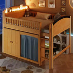 Lit mezzanine double/grand pour enfants avec armoire de rangement, armoire avec rideau et éclairage LED - ModernLuxe