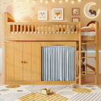 Lit mezzanine double/grand pour enfants avec armoire de rangement, armoire avec rideau et éclairage LED - ModernLuxe