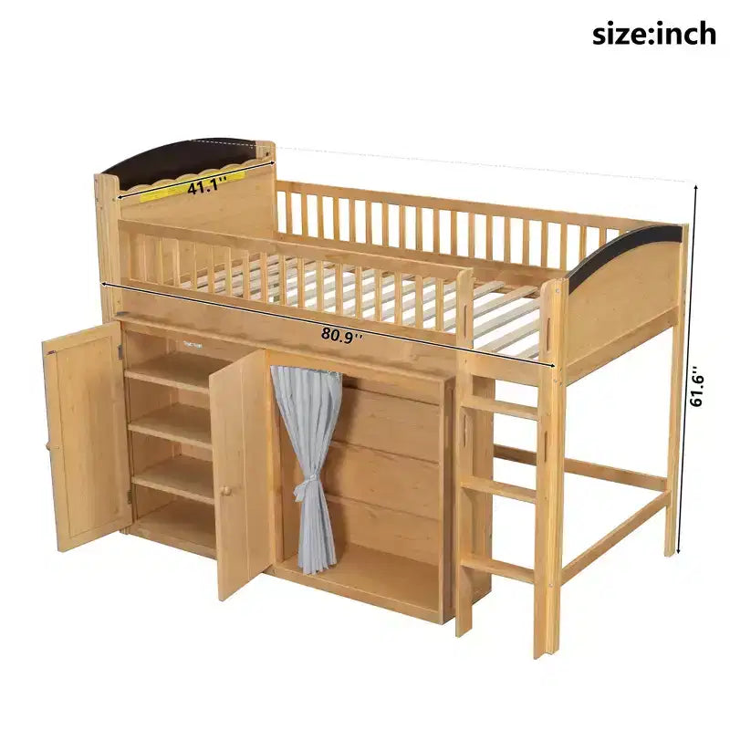 Lit mezzanine double/grand pour enfants avec armoire de rangement, armoire avec rideau et éclairage LED - ModernLuxe