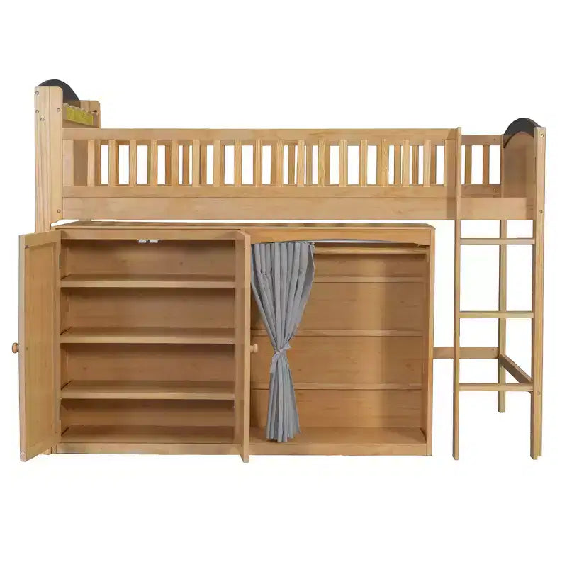 Lit mezzanine double/grand pour enfants avec armoire de rangement, armoire avec rideau et éclairage LED - ModernLuxe