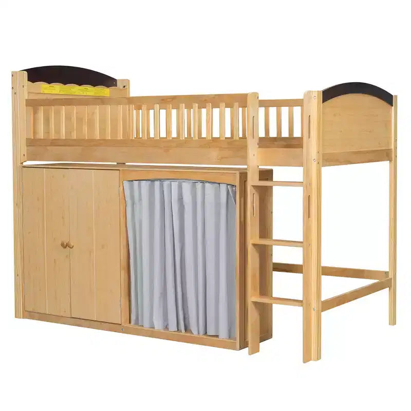Lit mezzanine double/grand pour enfants avec armoire de rangement, armoire avec rideau et éclairage LED - ModernLuxe