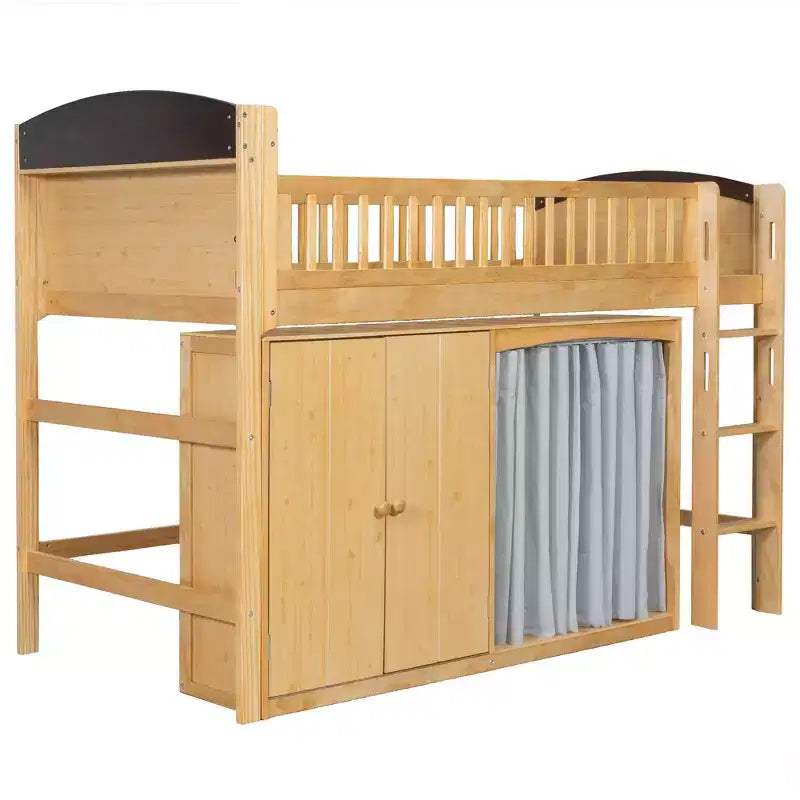 Lit mezzanine double/grand pour enfants avec armoire de rangement, armoire avec rideau et éclairage LED - ModernLuxe