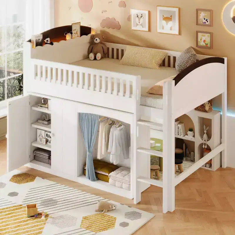 Lit mezzanine double/grand pour enfants avec armoire de rangement, armoire avec rideau et éclairage LED - ModernLuxe