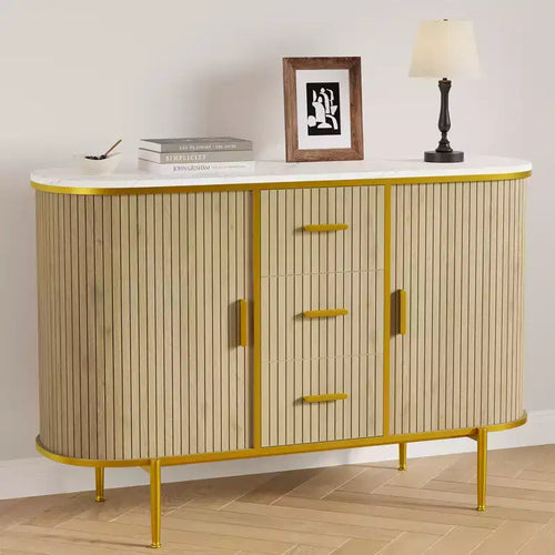 47 Mid-Century Modern Sideboard Buffet Cabinet, Storage Cabinet with Fluted Design, 3 Drawers & Metal Legs for Dining Room Living Room Entryway