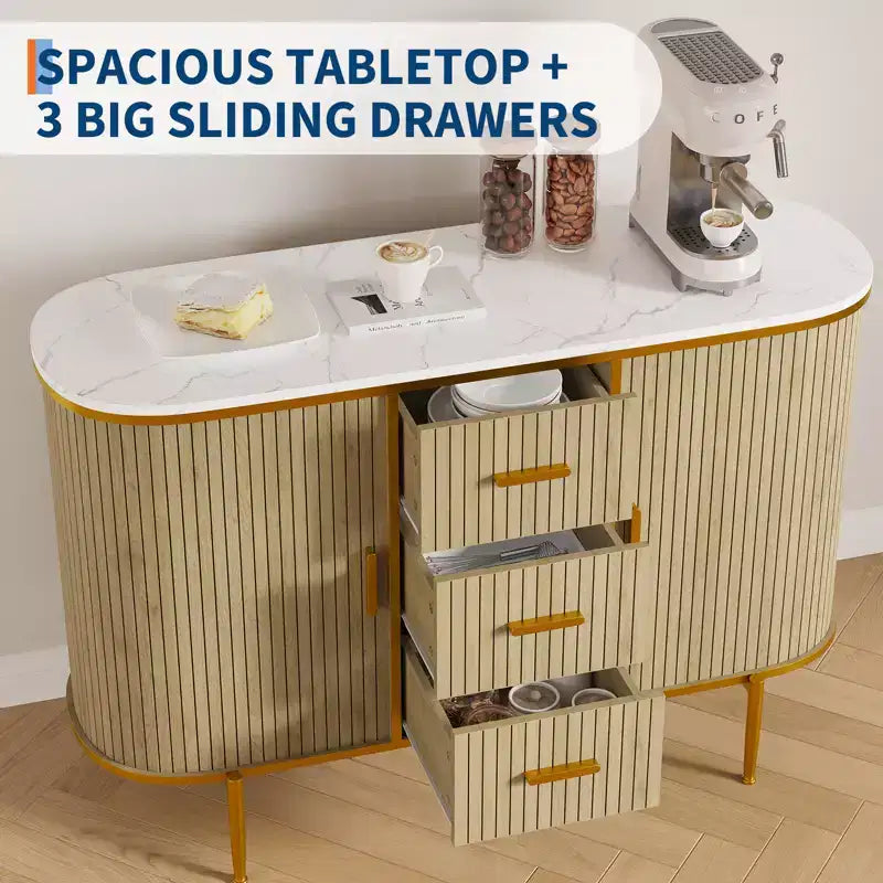 Buffet enfilade moderne du milieu du siècle de 119 cm, meuble de rangement avec motif cannelé, 3 tiroirs et pieds en métal pour salle à manger, salon, entrée