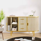 Buffet enfilade moderne du milieu du siècle de 119 cm, meuble de rangement avec motif cannelé, 3 tiroirs et pieds en métal pour salle à manger, salon, entrée
