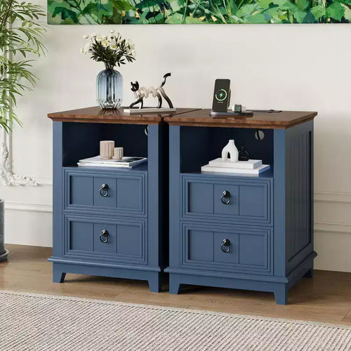 Acekool Nightstand Set of 2 with Charging Station, Farmhouse Bedside Table with Drawers and Open Shelf