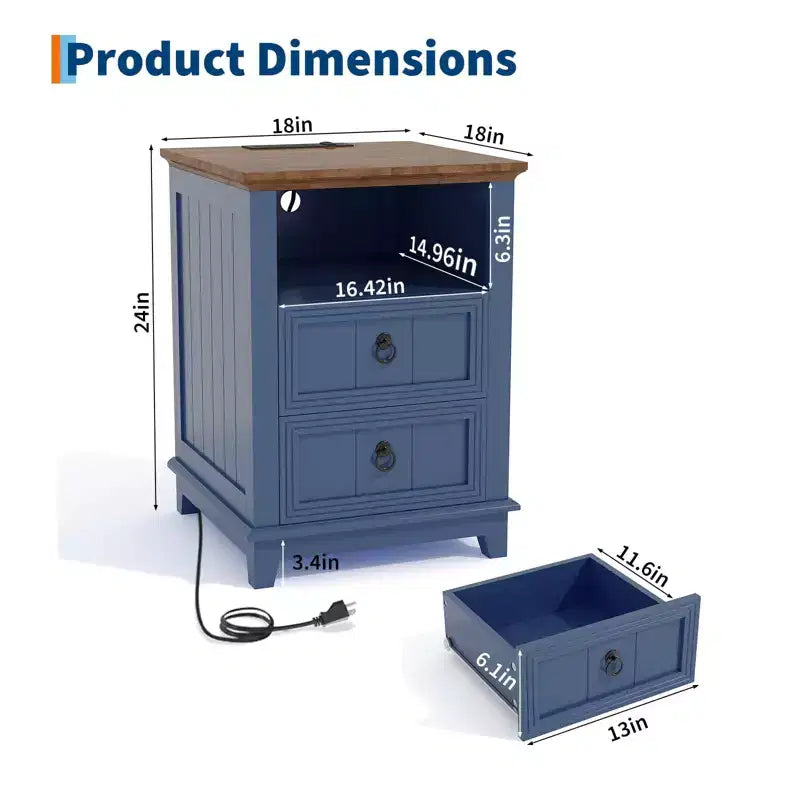 Acekool Lot de 2 tables de chevet avec station de charge, table de chevet de ferme avec tiroirs et étagère ouverte