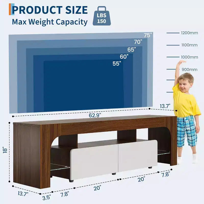 Meuble TV avec lumières LED pour téléviseurs de 50 à 75 pouces, meuble média moderne avec grand tiroir de rangement, centre de divertissement pour salon chambre - Noyer