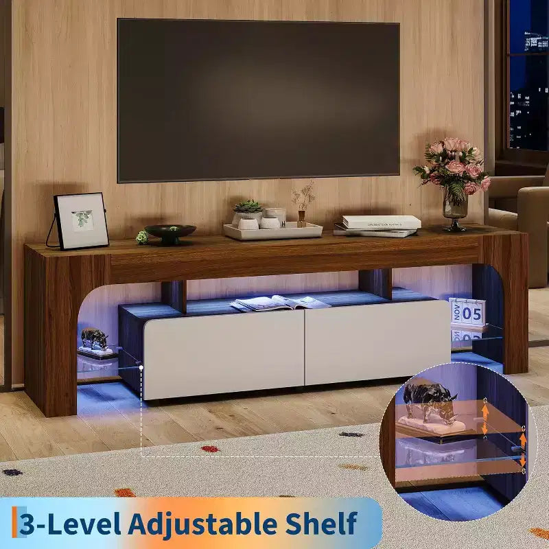 Meuble TV avec lumières LED pour téléviseurs de 50 à 75 pouces, meuble média moderne avec grand tiroir de rangement, centre de divertissement pour salon chambre - Noyer