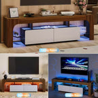 Meuble TV avec lumières LED pour téléviseurs de 50 à 75 pouces, meuble média moderne avec grand tiroir de rangement, centre de divertissement pour salon chambre - Noyer