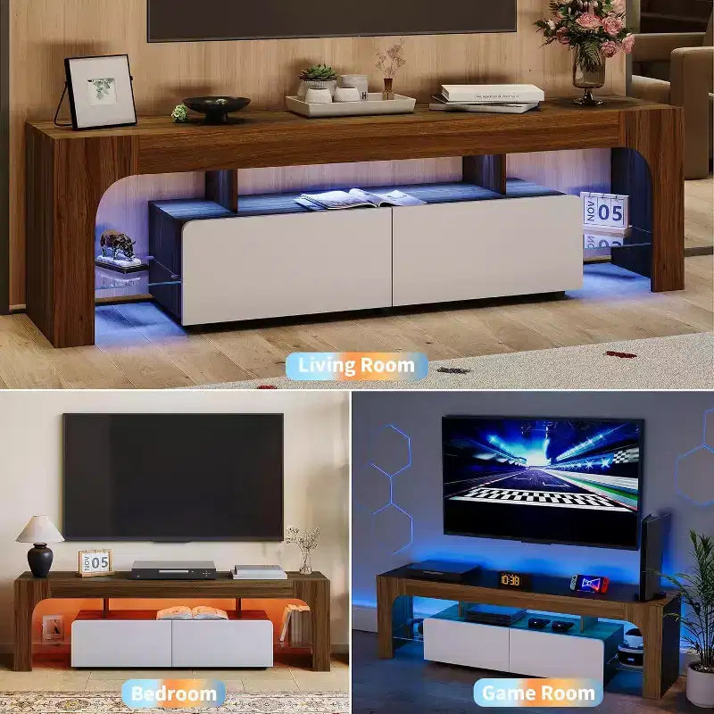 Meuble TV avec lumières LED pour téléviseurs de 50 à 75 pouces, meuble média moderne avec grand tiroir de rangement, centre de divertissement pour salon chambre - Noyer