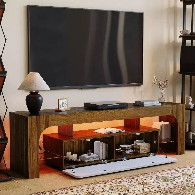 Meuble TV avec lumières LED pour téléviseurs de 50 à 75 pouces, meuble média moderne avec grand tiroir de rangement, centre de divertissement pour salon chambre - Noyer