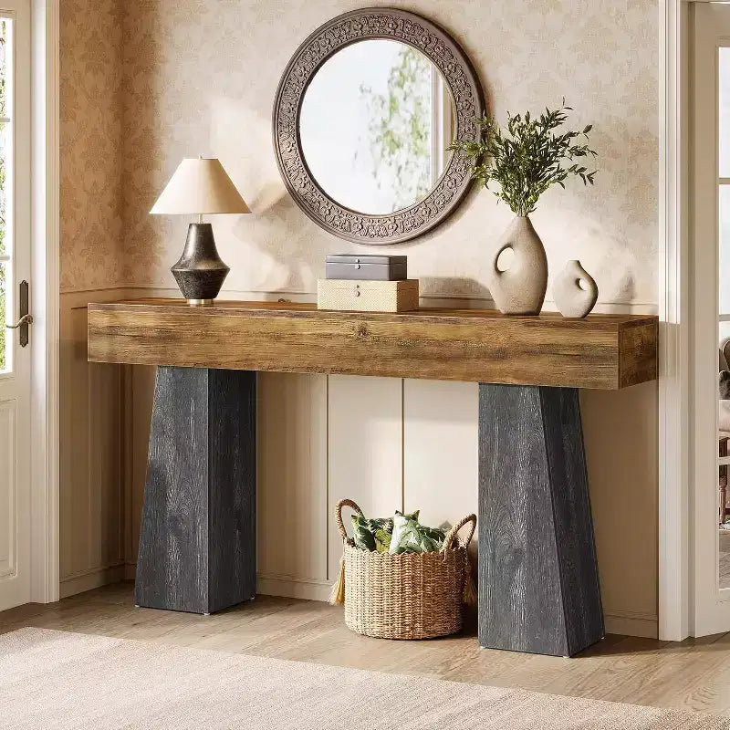 Lantine Table console d'entrée de ferme de 63 pouces, longue table console en bois avec double base trapézoïdale pour salon, couloir, entrée