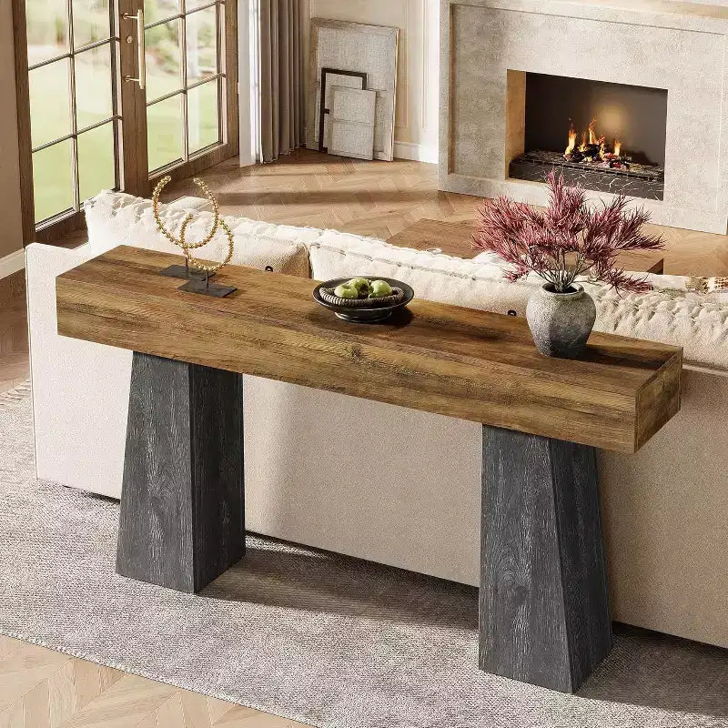 Lantine Table console d'entrée de ferme de 63 pouces, longue table console en bois avec double base trapézoïdale pour salon, couloir, entrée