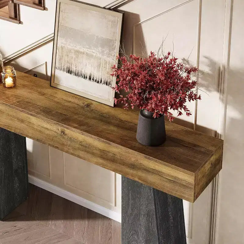 Lantine Table console d'entrée de ferme de 63 pouces, longue table console en bois avec double base trapézoïdale pour salon, couloir, entrée