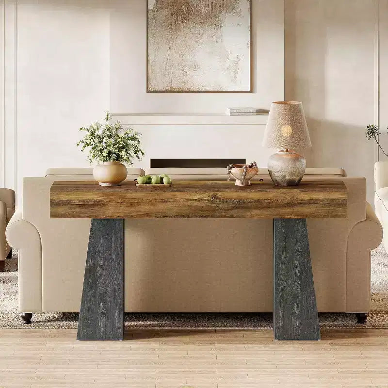 Lantine Table console d'entrée de ferme de 63 pouces, longue table console en bois avec double base trapézoïdale pour salon, couloir, entrée