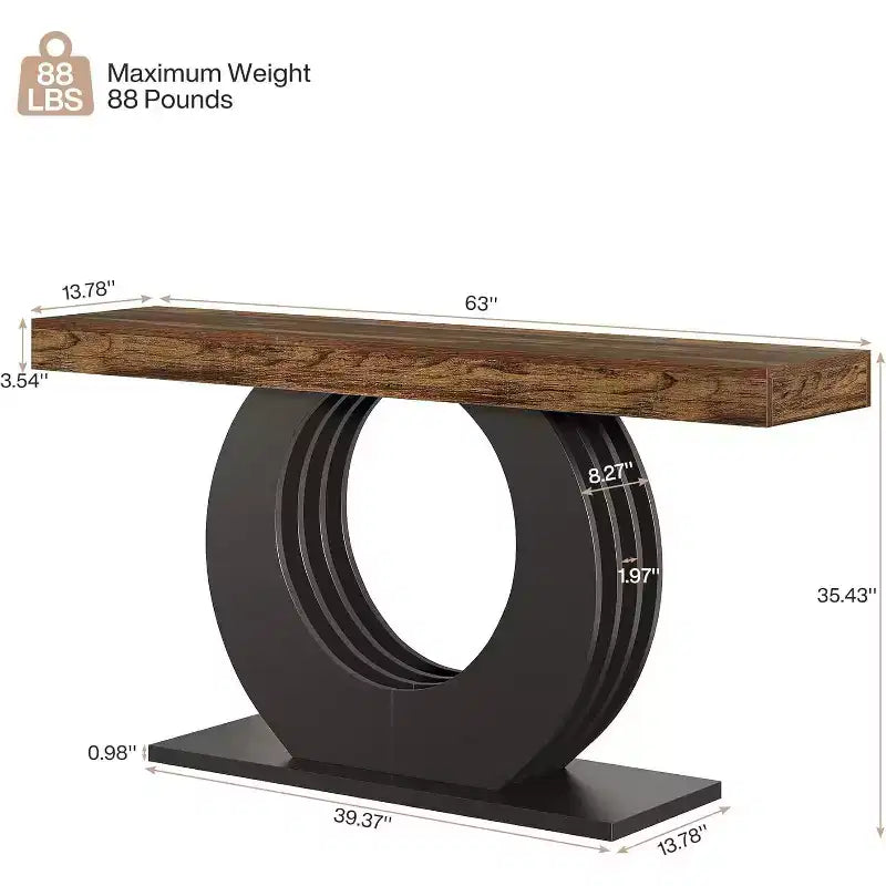 Console Lantine de 63 pouces, table d'entrée rustique industrielle de style ferme avec base circulaire noire pour le salon, le couloir, marron rustique