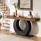 Console Lantine de 63 pouces, table d'entrée rustique industrielle de style ferme avec base circulaire noire pour le salon, le couloir, marron rustique