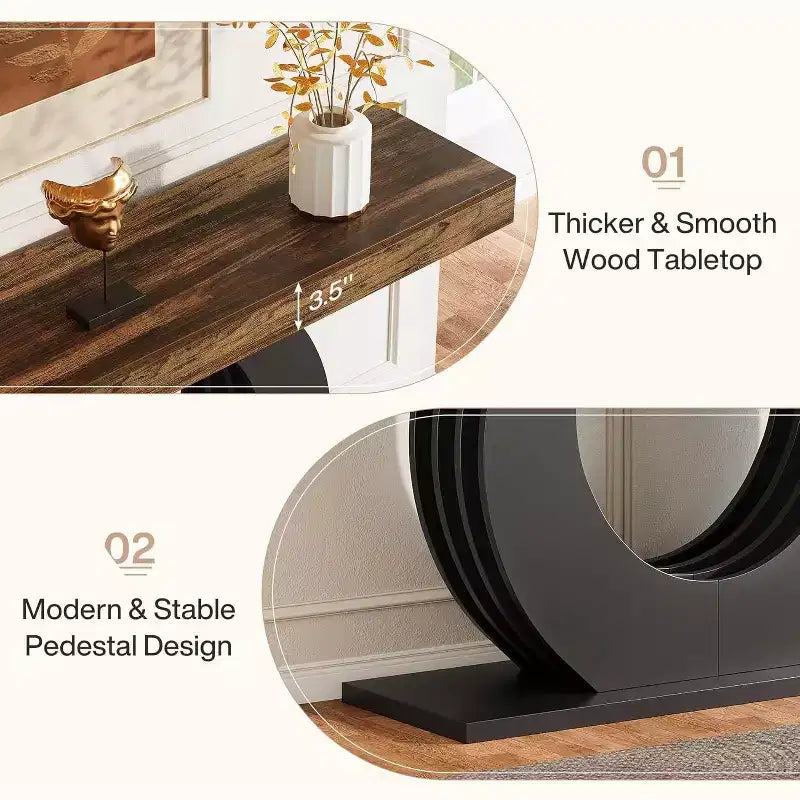 Console Lantine de 63 pouces, table d'entrée rustique industrielle de style ferme avec base circulaire noire pour le salon, le couloir, marron rustique